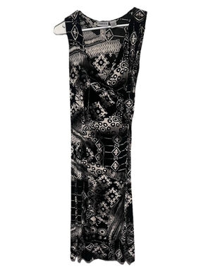 Chicos Travelers Sleeveless Dress Small 0 Black Beige Slinky Knit Faux Wrap